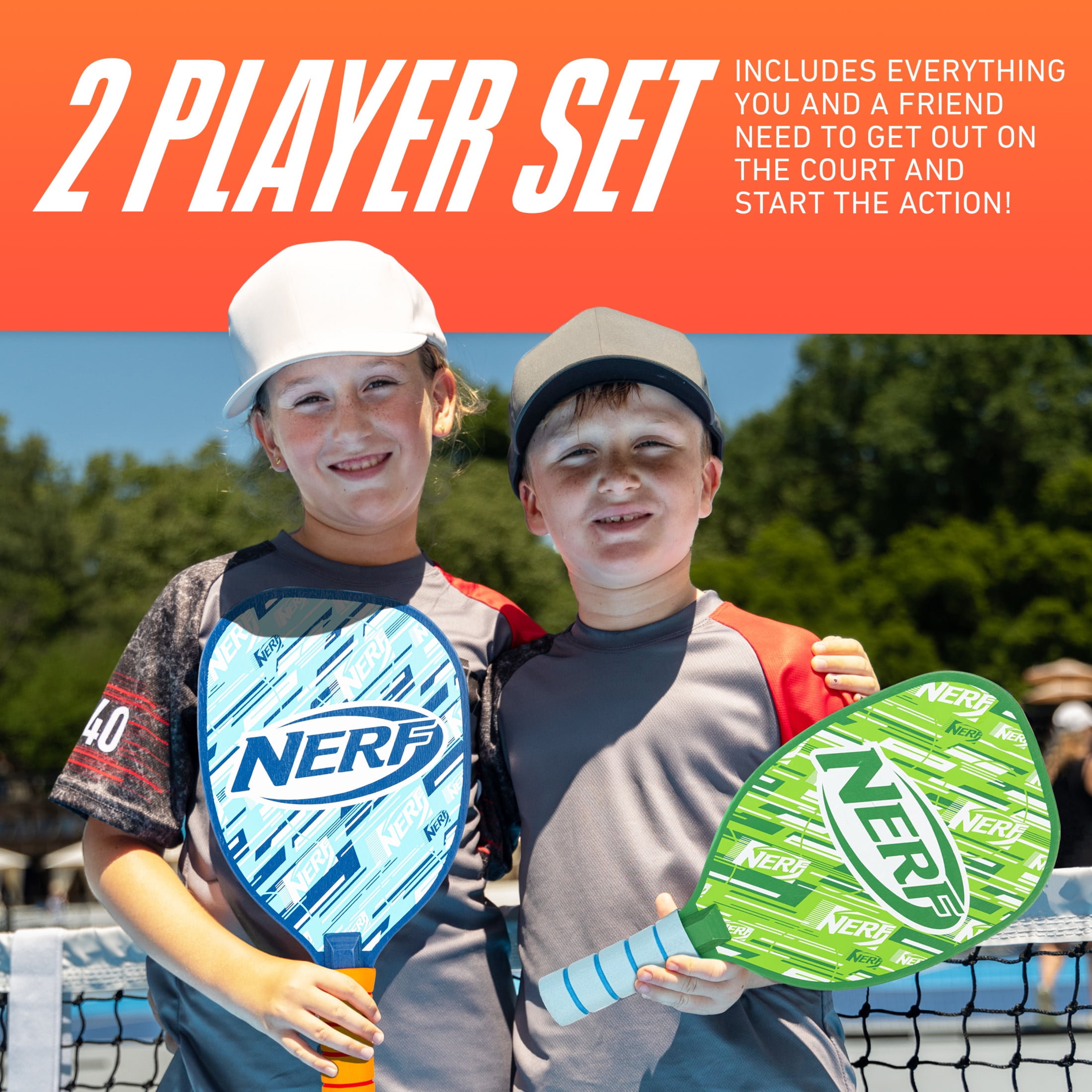 NERF 2 Player Pickleball Paddle Set - Youth Pickleball Equipment Set - (2) Wooden Paddles with Foam Grips + (2) Outdoor Balls for Kids - Carry Bag Included