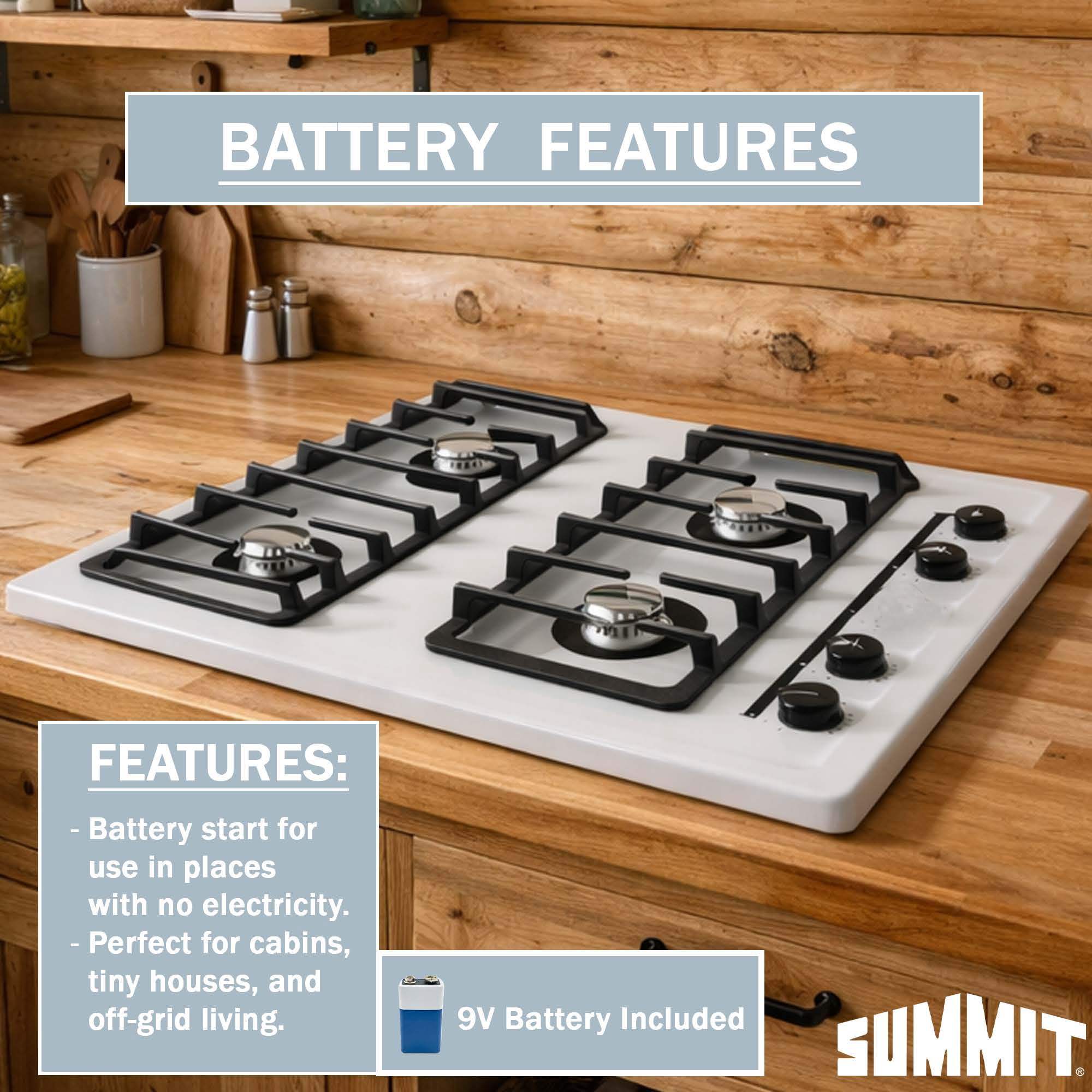 Summit 30" Gas Cooktop, 4-Burner, Electric Ignition, 115V, White - WNL053I