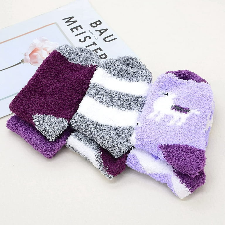 Zando Fuzzy Socks for Women Yoga Socks Warm Fluffy Socks Grip Socks Soft Slipper  Socks with Grippers 6 Pairs Deer Purple 