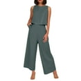 thumbnail image 1 of Conjunto de dos piezas de lino de color liso para mujer: top corto sin mangas con botones y pantalones de pierna ancha, tejido transpirable para el verano, 1 of 8