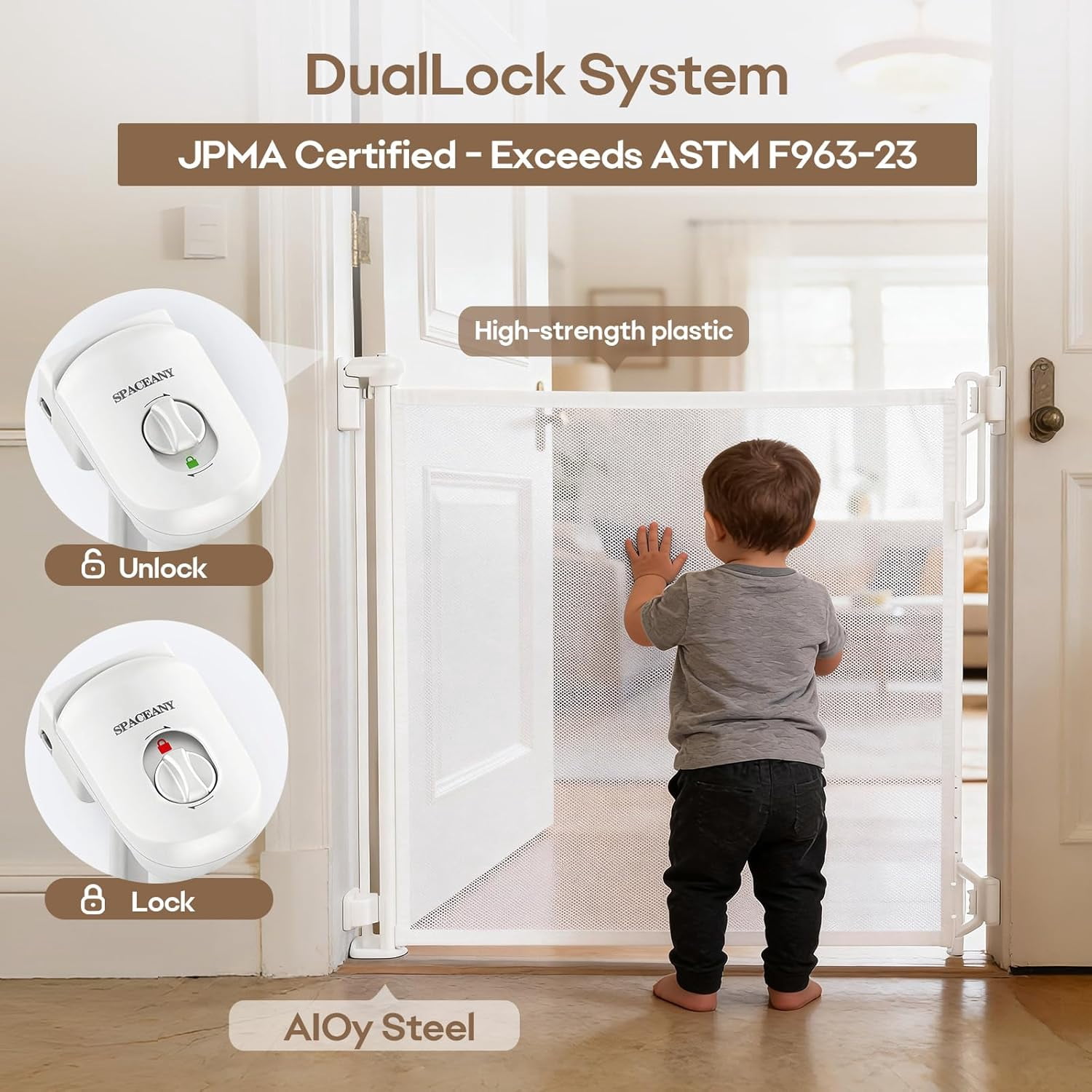 Retractable Safety Baby Gate or Mesh Dog Gate,Durable Portable Mesh Retractable Gate,Easy to Use for Stairs, Doorways, Hallways, Indoor, Outdoor, 33.5" Tall, Up to 55" Wide, Cream