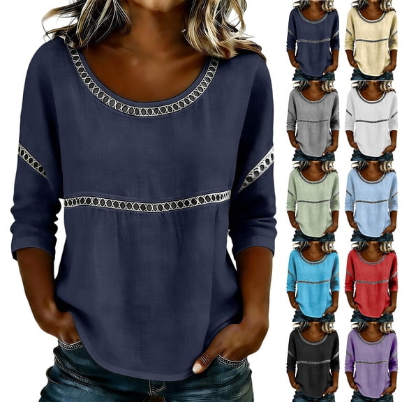 STETMN Women's Cotton Linen 3/4 Sleeve Tops Scoop Neck Loose Fit Casual T-Shirt for Summer Vacation