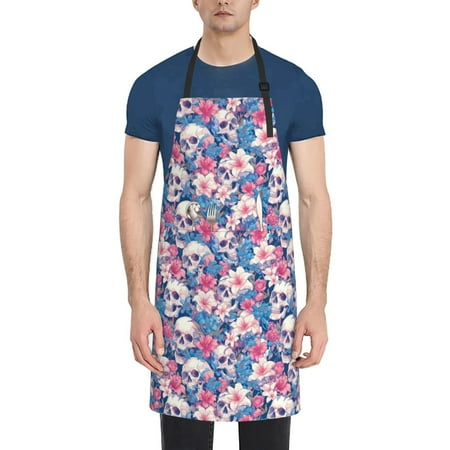 

Qekee white flower Skull blue Print Waterproof Apron with Pockets Adjustable Cooking Aprons Kitchen Bib for Baking Household Cleaning