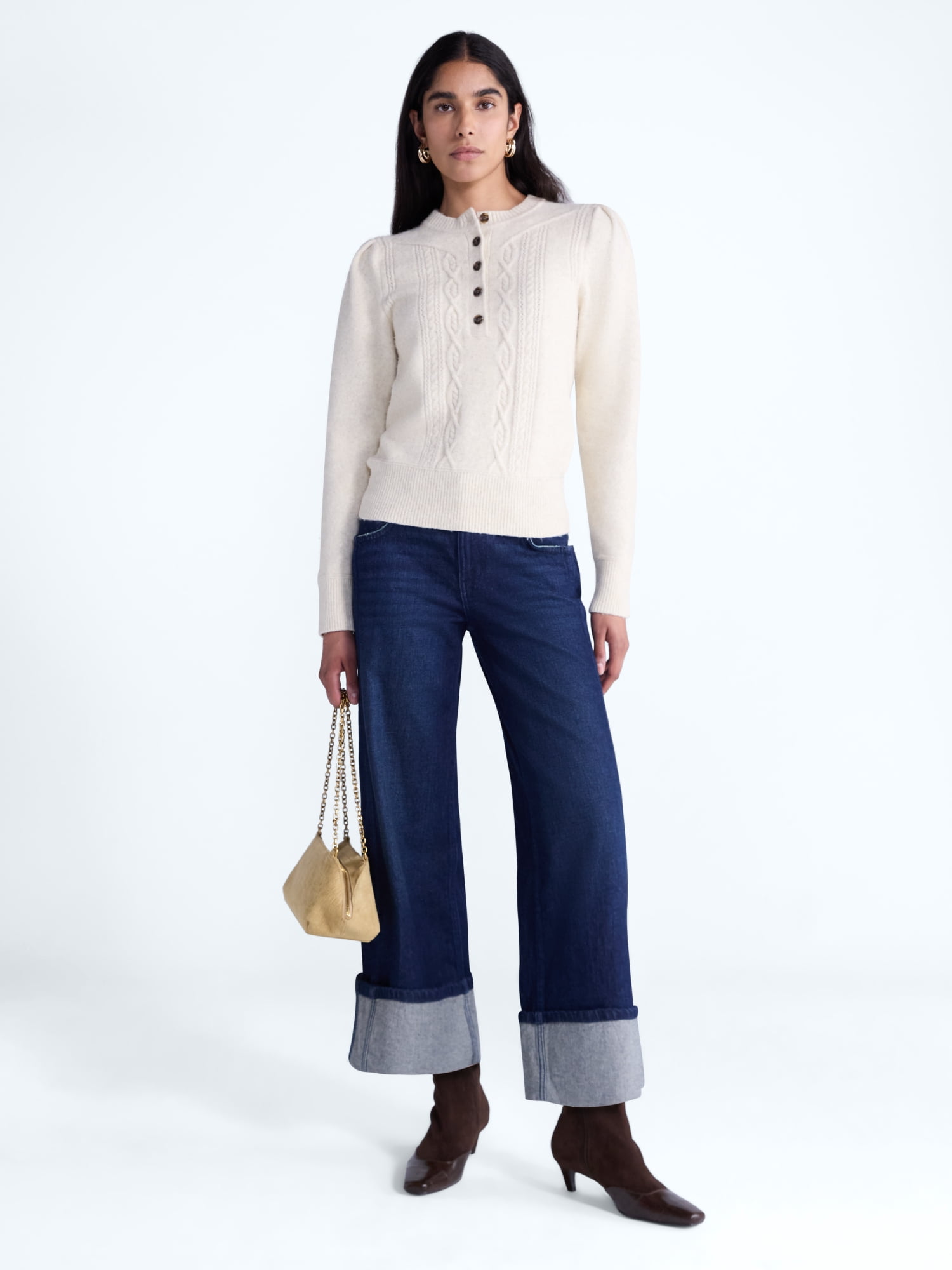 Scoop Women's and Women's Plus Cable Knit Henley Pullover, Sizes XS-4X