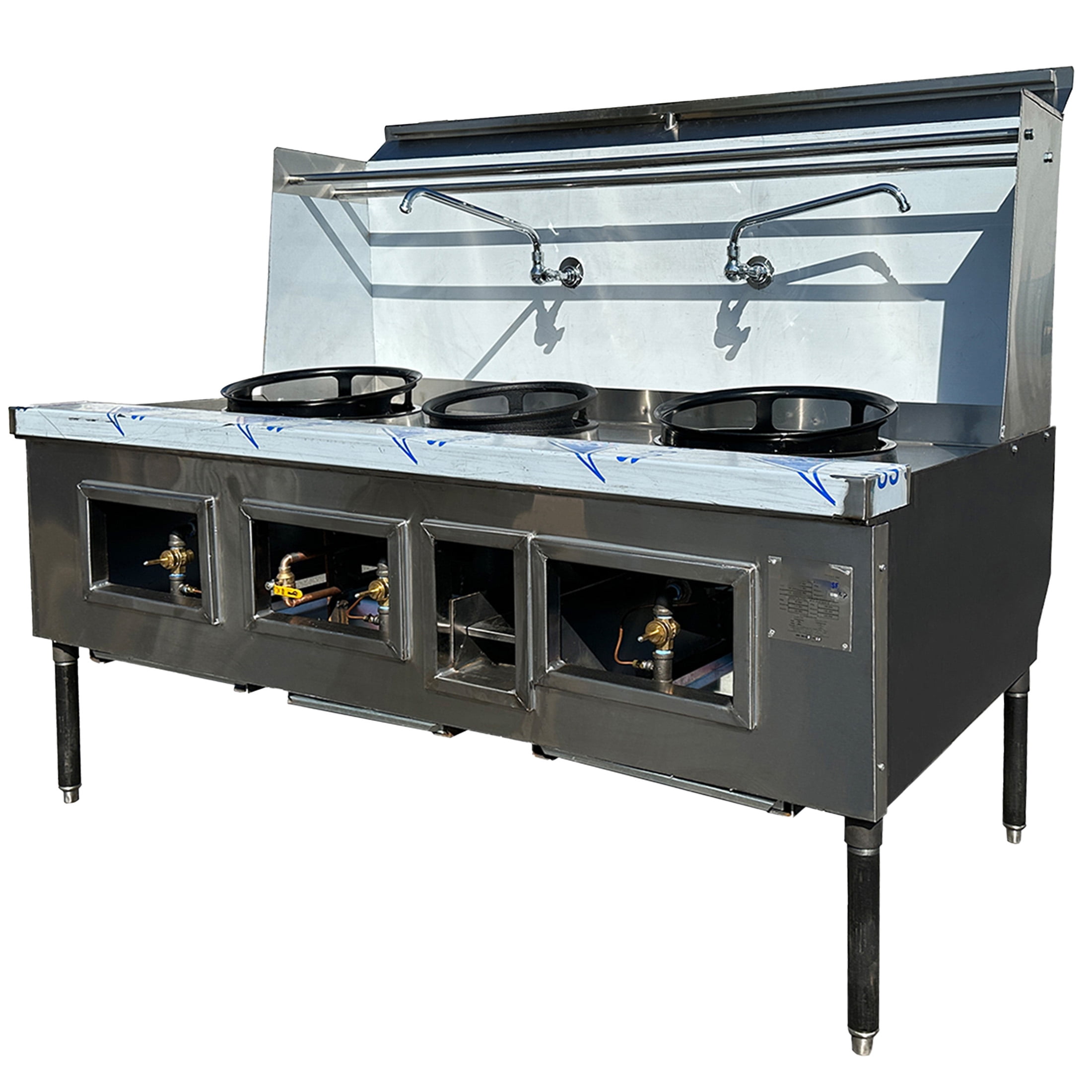 69 in. 3 Jet Burner Wok Range, NSF Restaurant Wok Range with Water Fall, 16+13+16 in Burner Natural Gas