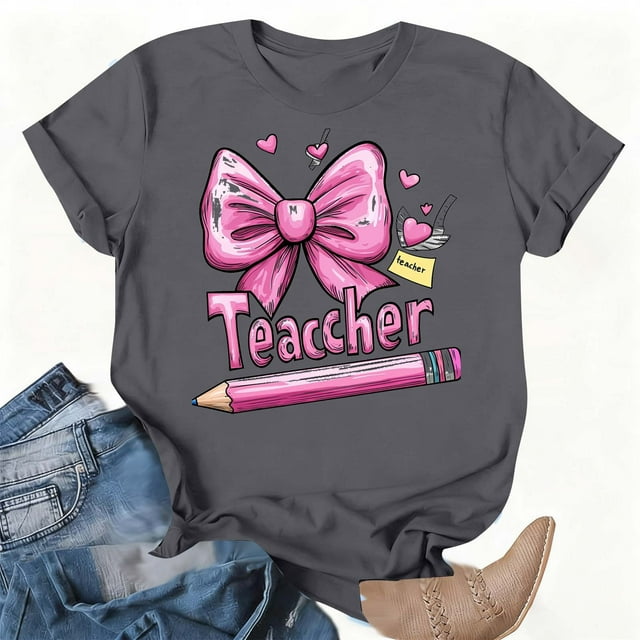Xuyuer Women Graphic Print Round Neck Short Sleeve T-Shirt, Summer T-Shirt For School Season
