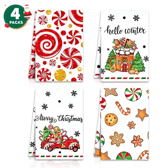 Godance 4 Pcs Christmas Kitchen Towels - 16 x 24 Inch Gingerbread Candy Dish Cloths, Absorbent Microfiber Hand Towel for Drying Dishes, Kitchen Home Decor - Winter Holiday Tea Towel Set