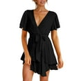 thumbnail image 2 of USSUMA Dresses For Women Party Casual,Women's Summer Dress Deep V-Neck Short Sleeve Waist Tie Ruffle Mini Swing Skater Dresses, 2 of 8