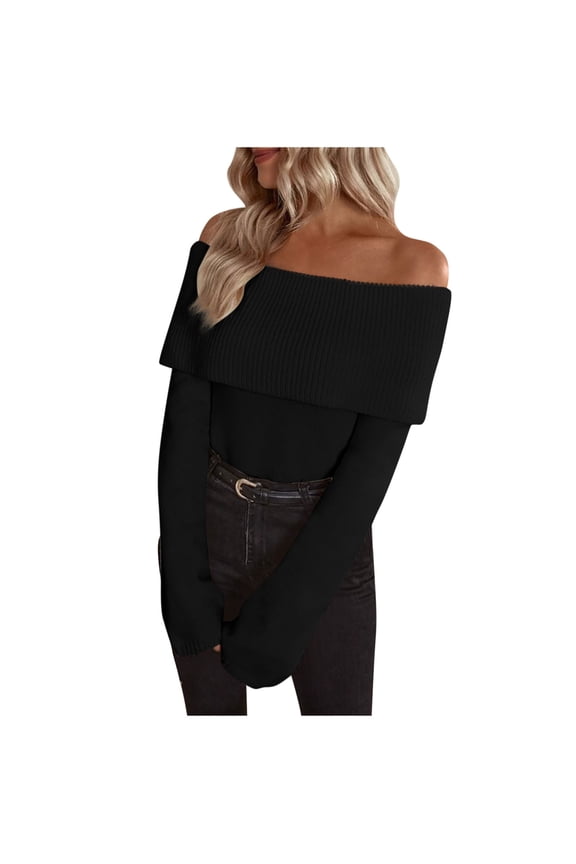 Women's off the Shoulder Sweaters Long Sleeve Foldover Slim Pullover Knit Tops Fall Winter Going out Outfits(Black,X-Large)
