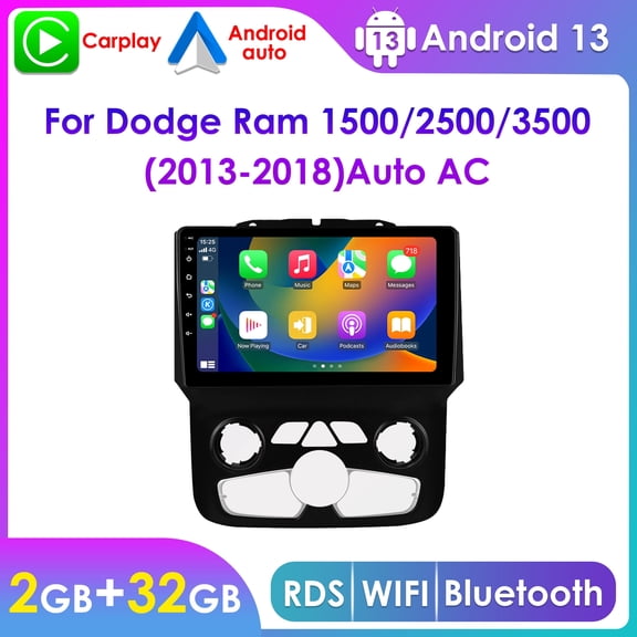 Hizpo 9" Touch Screen Android 13 Bluetooth Apple CarPlay 2 32GB Car Stereo Radio Head Unit Multimedia GPS Navigation Player For Dodge Ram 1500/2500/3500 2013 2014 2015 2016 2017 2018 With Auto AC