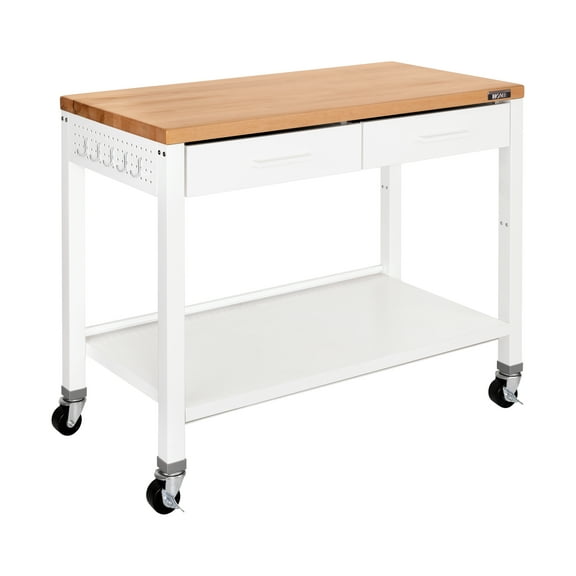 Seville Classics UltraHD Stainless Steel Workcenter Professional Kitchen Island, 2-Drawer, Peg Boards, Steel, White w/ Solid Wood Top
