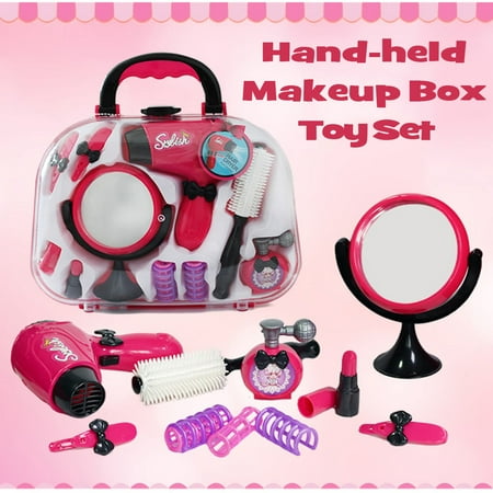 M.way Labs Kids Make Up Kit Hair Stylist Salon Playset Hair Dryer Mirror Cosmetic Make Up Case Girls Pretend Play Toy