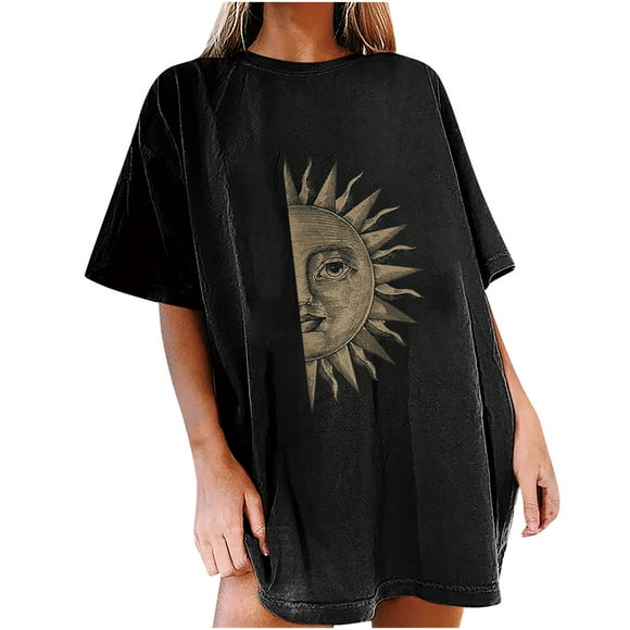 CEHVOM Women's Casual Sun Moon Skull Print Round Neck Short Sleeve Top T-shirt