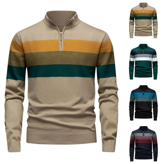 Hinvhai Men's Sweater Quarter Zip Striped Pullover Fall Winter Spring Color Block Polo Sweatshirts Navy 10(XL)