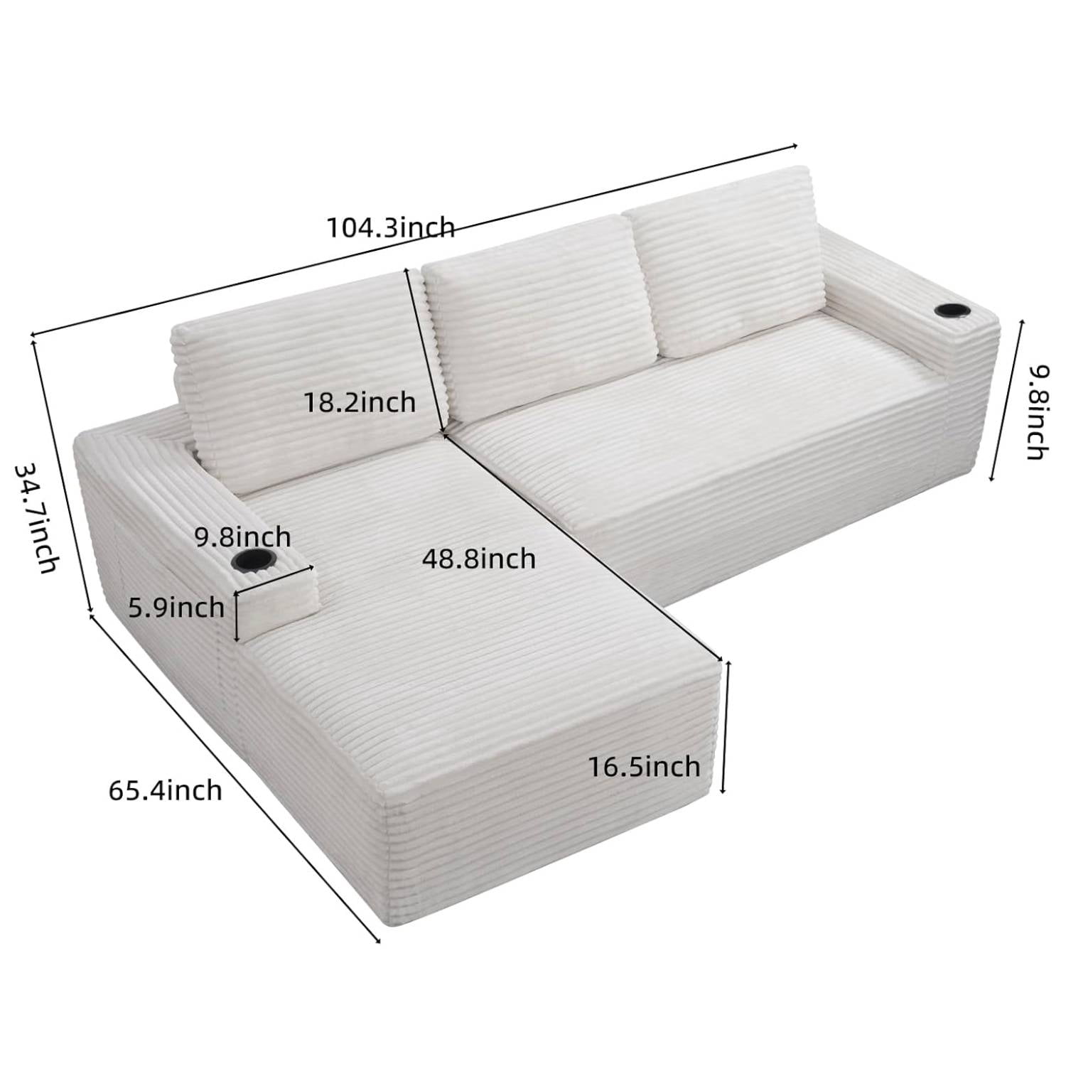 L-Shape Cloud Couch Cup Holders, Modular 104" Cloud Sectional Sofa Corduroy Boneless Sofa Couch with Chaise for Living Room, Cream