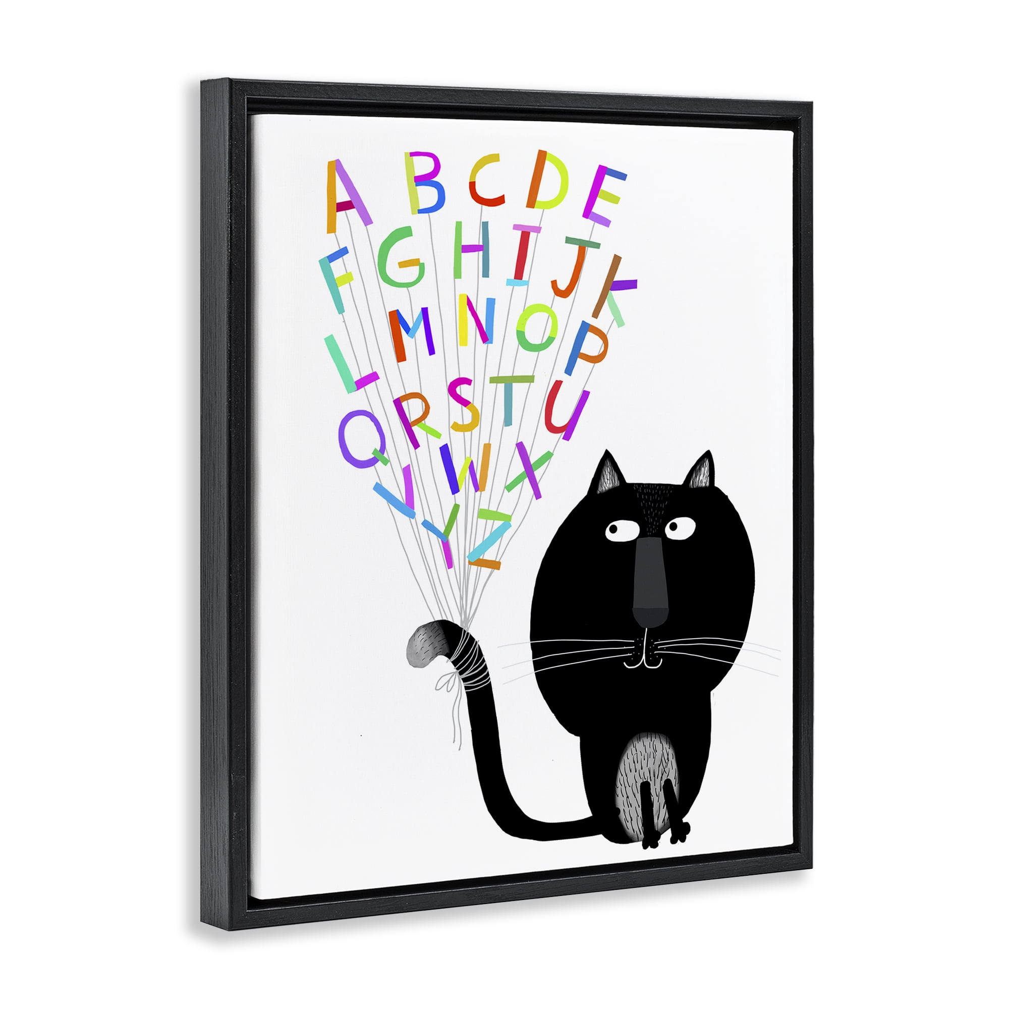 Stupell Industries Cat with Alphabet Animals & Insects Painting Black Floater Framed Art Print Wall Art, 25 x 31