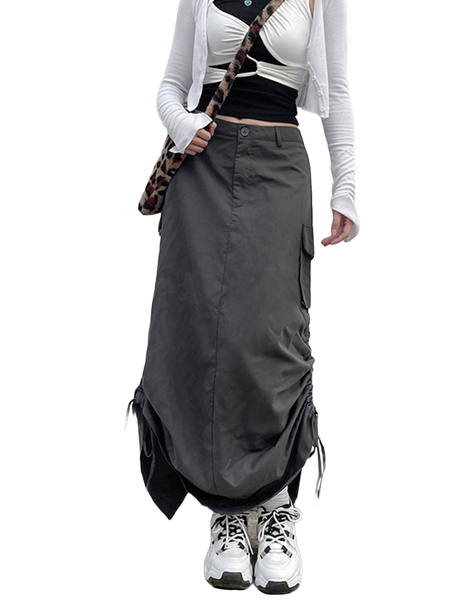 Long Skirt Women Solid Color High Waist Shirring Fashion Ankle-Length Maxi Skirt 