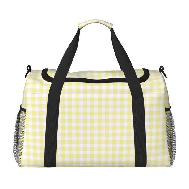 Balery Lemon Yellow Checkboard Bolsa de Gimnasio para Mujeres, Bolsa de Viaje con Bolsillo Húmedo, Bolsa de Fin de Semana para Mujeres, Bolsa de Viaje Resistente al Agua