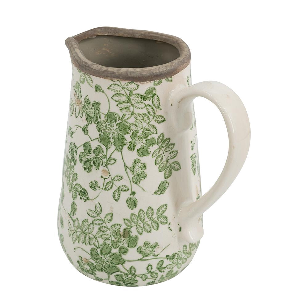 A&B Home White Ceramic Pitcher with Green Floral Motif 6.3" x 4.5" x 7.1"