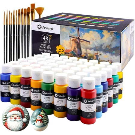 Acrylic Paint Set 48 Colors 2Oz/59Ml With 12 Brushes Art Craft Paints Kit Paint For Canvas Rocks Wood Fabric Ceramic And Art Supplies Non Toxic Paint For Artists And Beginners