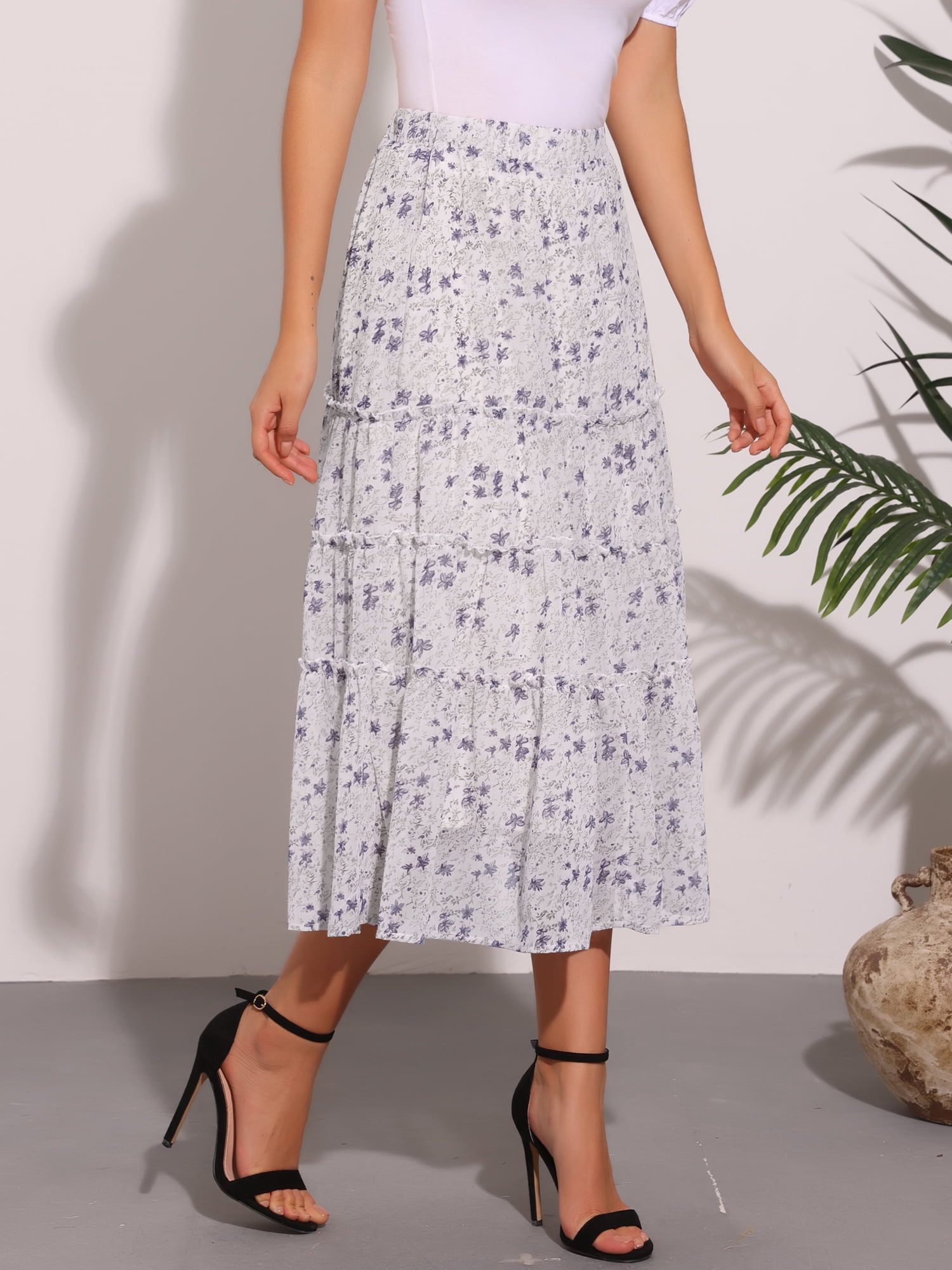 DARING DIVA Women's Chiffon Tiered A-Line Maxi Skirt S White Flower