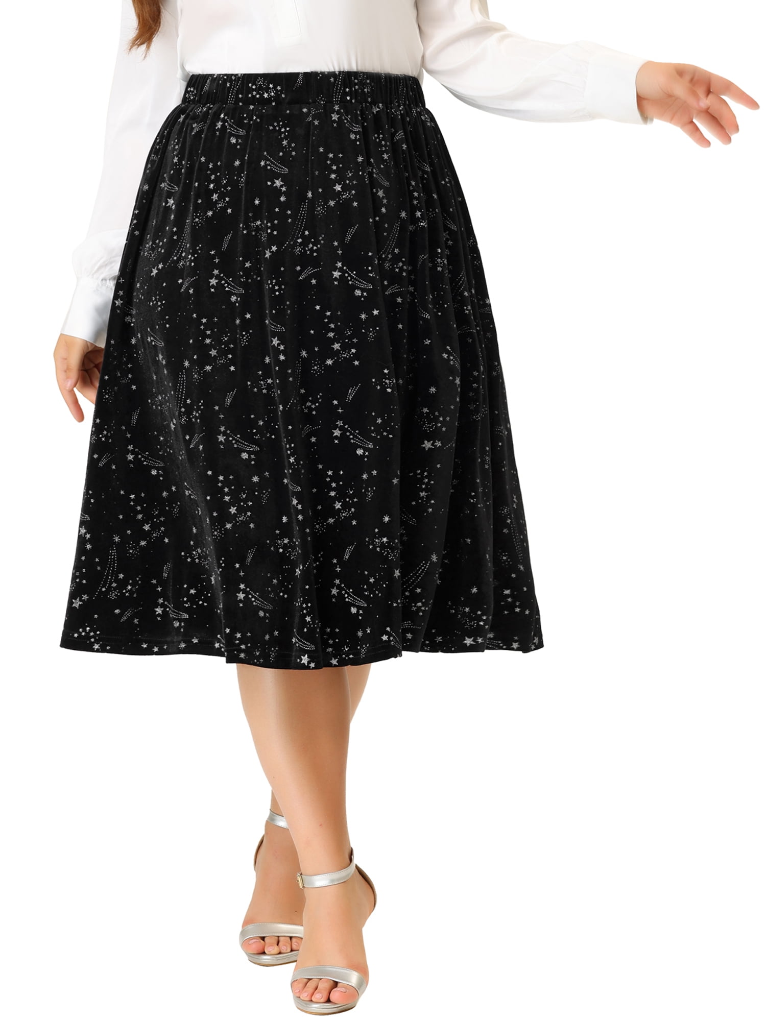Unique Bargains Women's Plus Size Party Velvet A Line Knee Length Flare Skirt