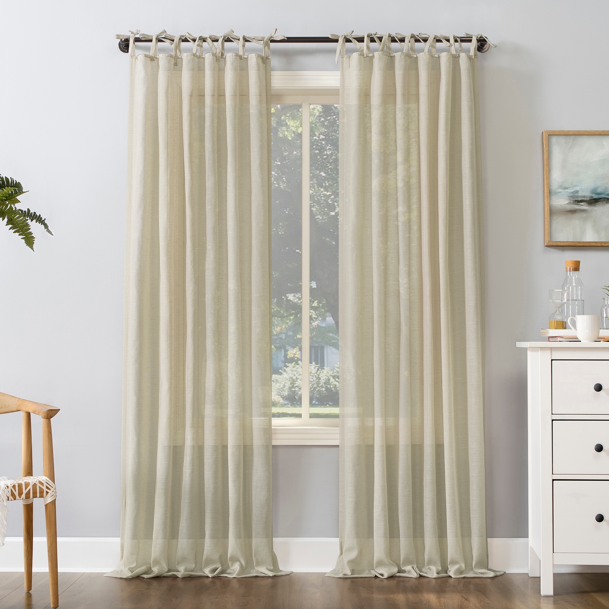 No. 918No. 918 Bethany Slub Textured Linen Blend Sheer Tie Top Curtain Panel, Single PanelEcru