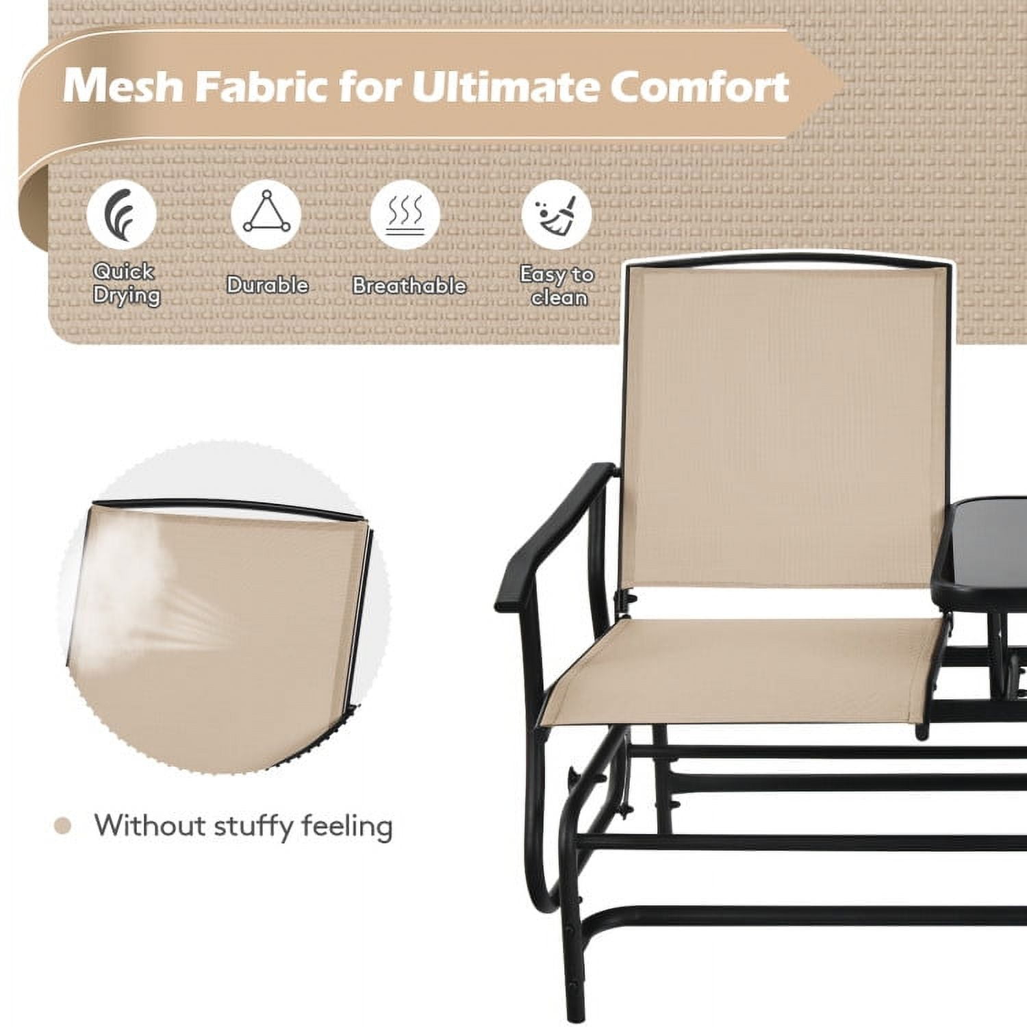 Aimee Lii Outdoor Patio Furniture Set, 2-Person Double Rocking Loveseat with Mesh Fabric and Center Tempered Glass Table, Light Brown