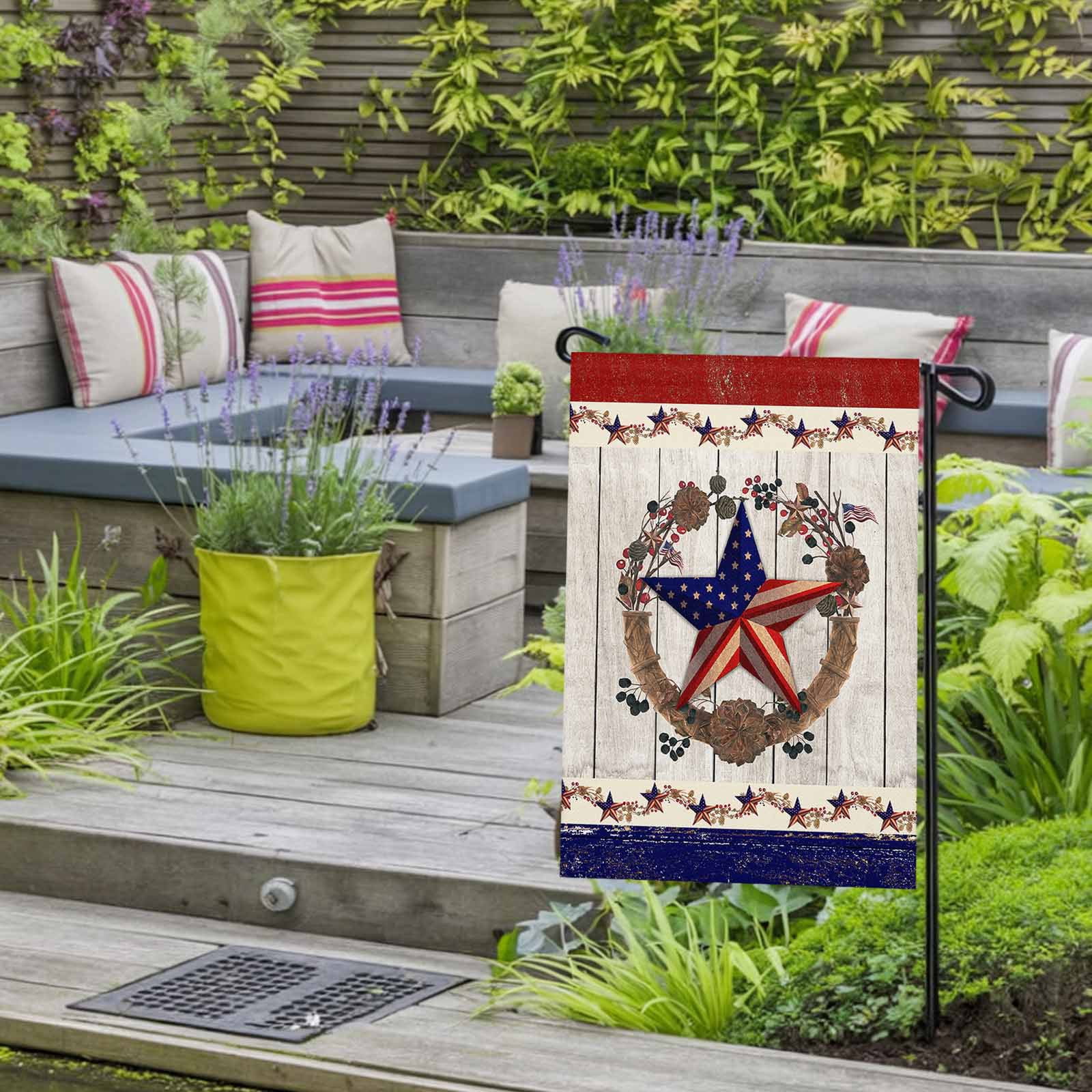 4th of July Garden Flags Texas Stars Wreath Garden Flag Double Sided Welcome Flag Patriotic Star on Rustic Wood Independence Day Yard Flags for Outdoor Lawn Porch Memorial Day Decor 28x40 Inch