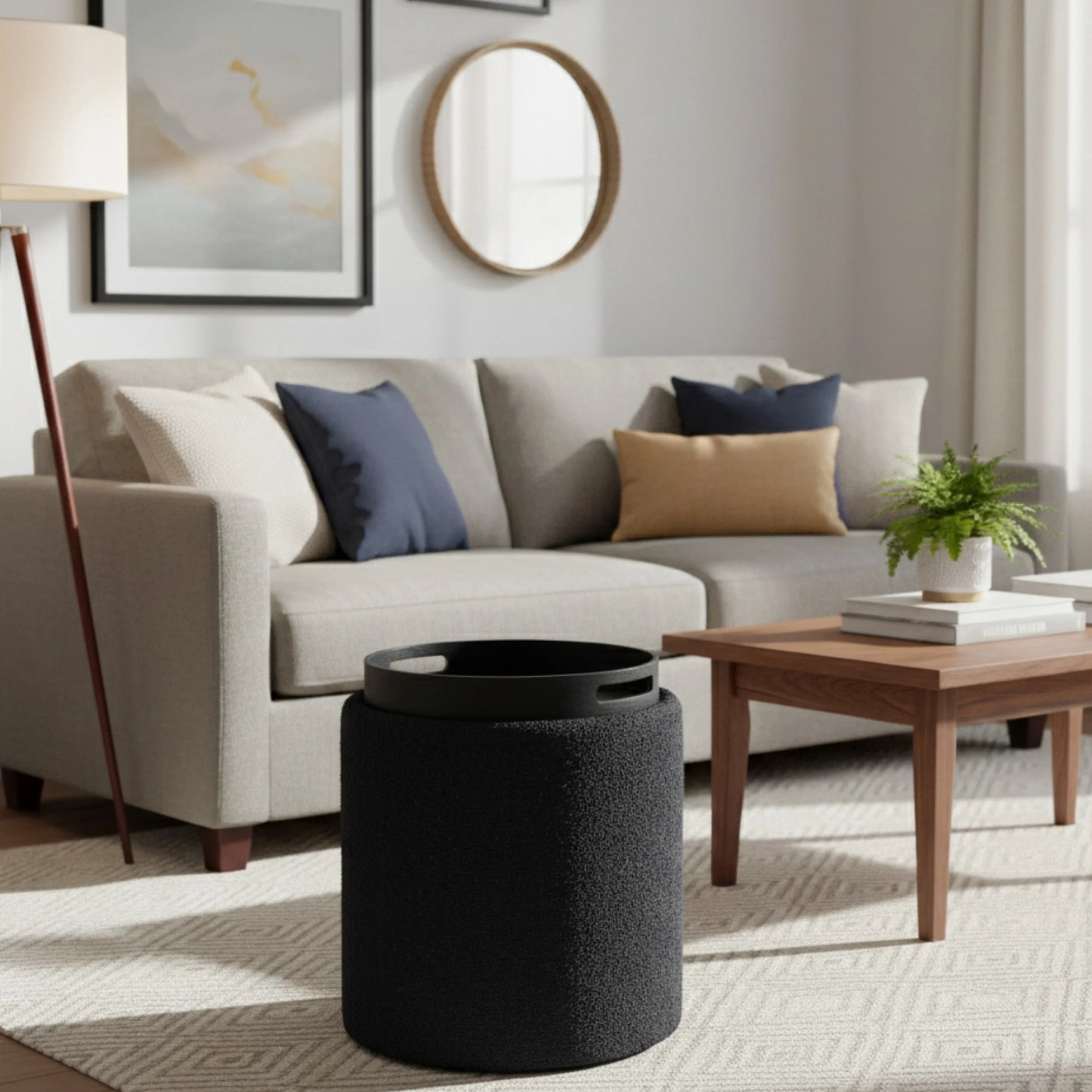 Aria Home Boucle Storage Ottoman Tufted Seating Accent 17" Round, Black
