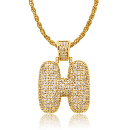 R In Bubble Letter Iced Out Bubble Letters Pendant Necklace Gold-Plated Cubic Zirconia Hip Hip Bling Jewelry 60cm Chain (H) ()