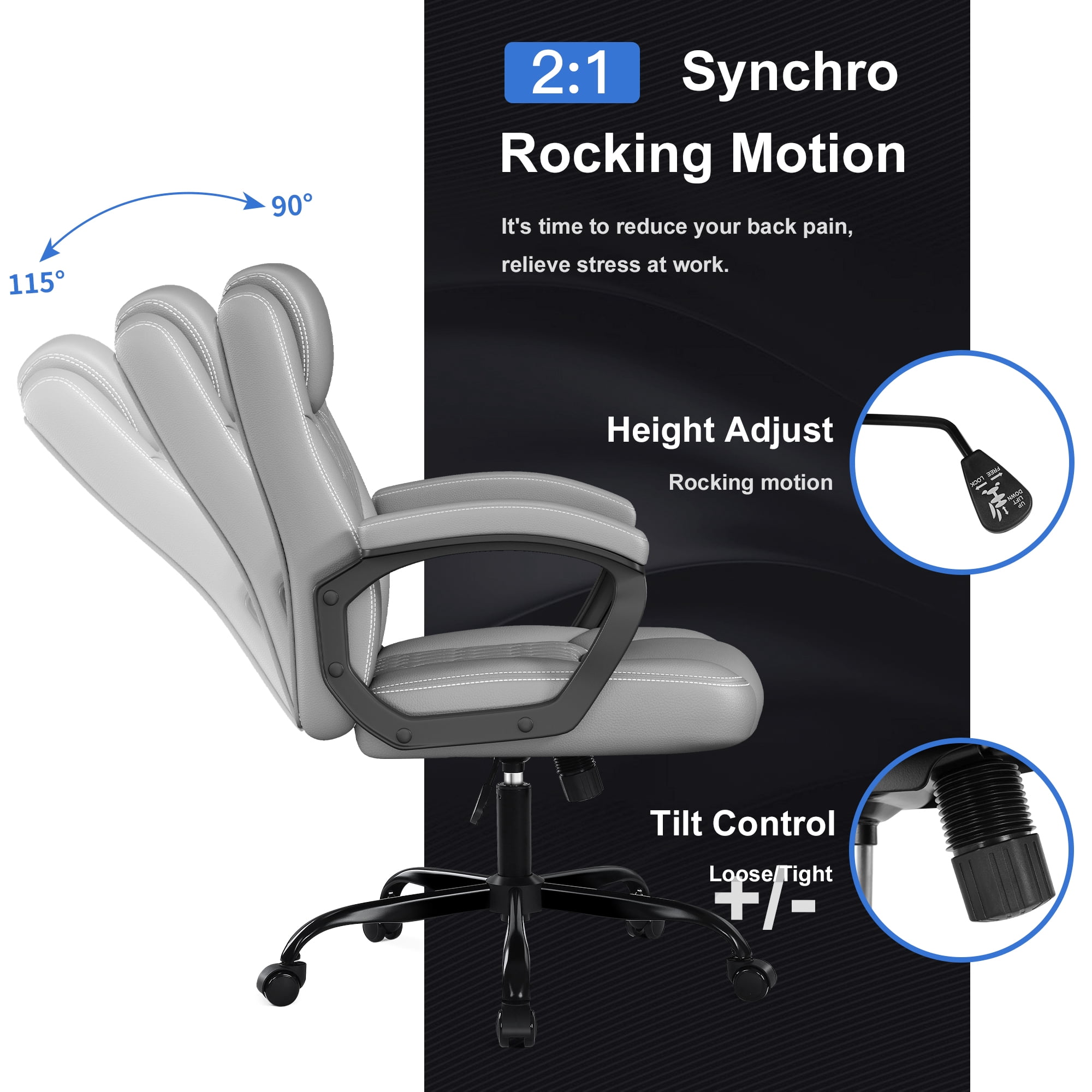 Misolant Office Chair, Executive Desk Chair, PU Leather Comfortable Executive Chairs with Fixed Armrest, Adjustable Height, Rocking Function, 360° Swivel Wheels