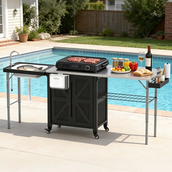 OROFULL 3-in-1 Outdoor Grill Cart with Storage Cabinet, Movable BBQ Prep Station with Stainless Steel Tabletop & Foldable Sink for Patio, Black