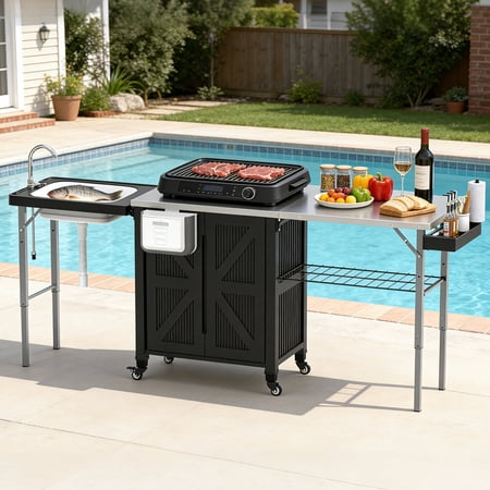 OROFULL 3-in-1 Outdoor Grill Cart with Storage Cabinet, Movable BBQ Prep Station with Stainless Steel Tabletop & Foldable Sink for Patio, Black
