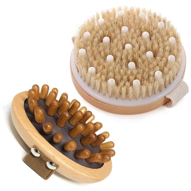 BoAn Juego de cepillos de ducha de 2 piezas – Cepillo de masaje de madera natural para piel seca, drenaje linfático y cuidado de la celulitis, cepillo corporal para exfoliación corporal y tratamiento