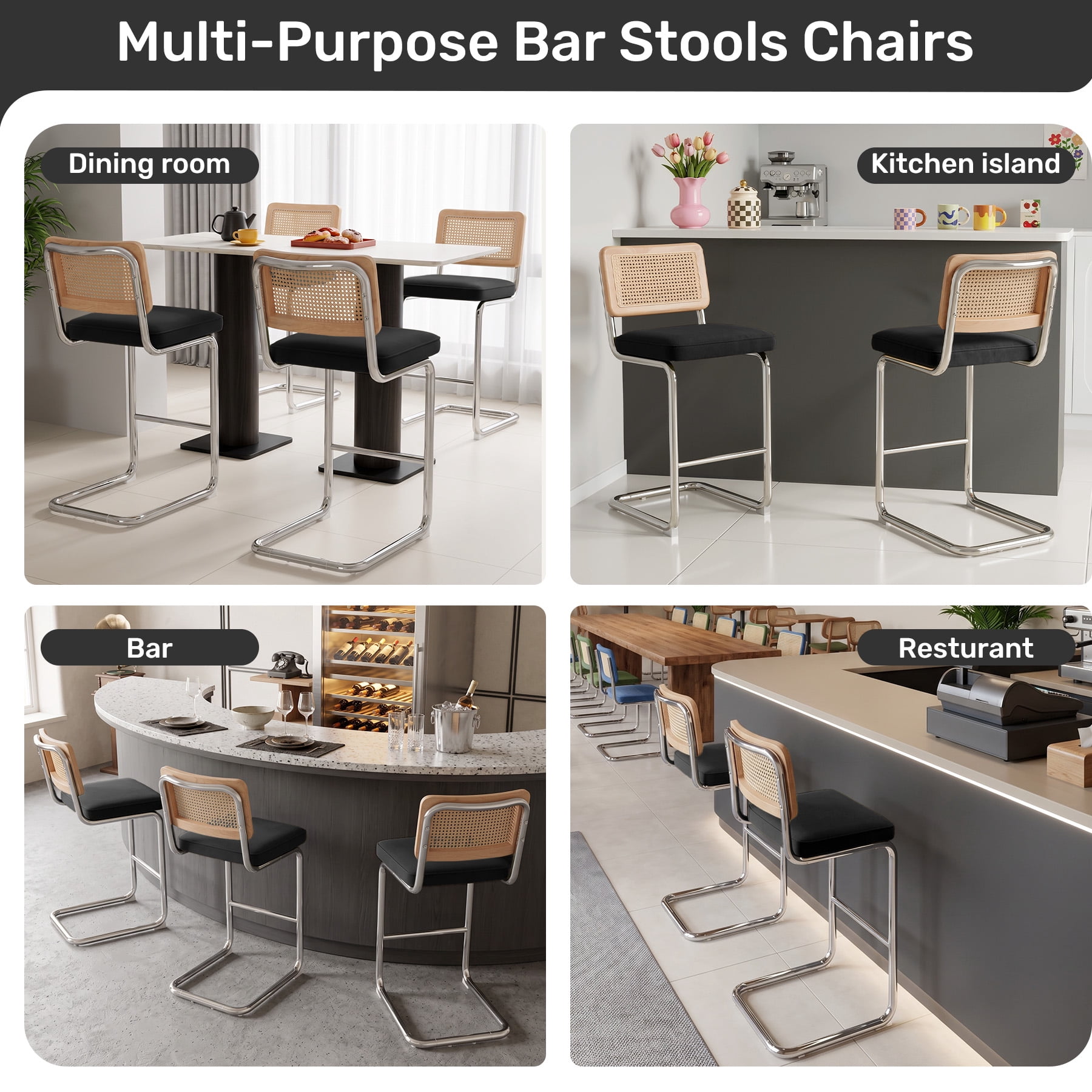 MOONMISS 25.6″ Bar Stools Set of 6,Velvet Counter Height Chairs with Rattan Back & Metal Legs,Mid Century Cantilevered Design for Kitchen Island,Black
