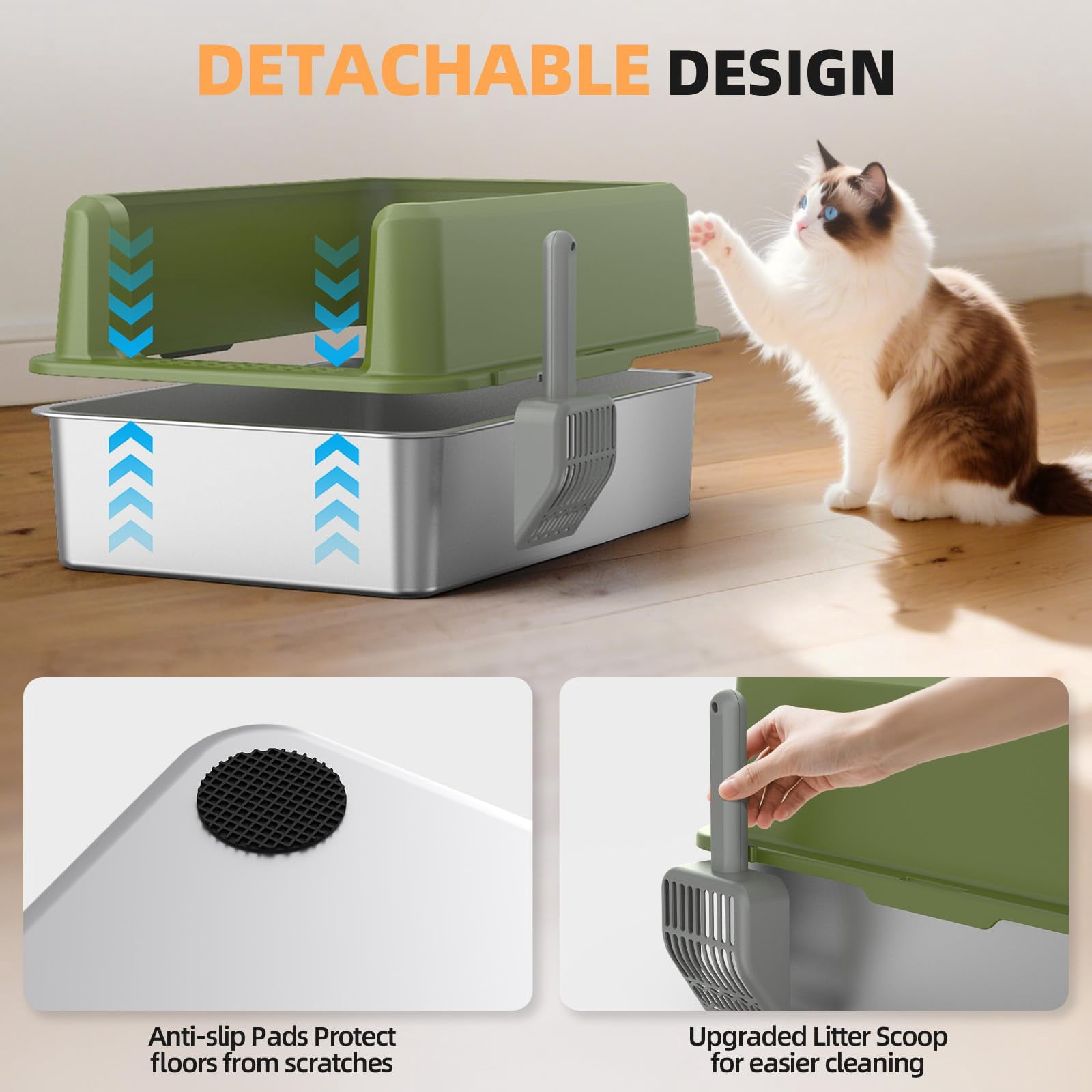 Enclosed Stainless Steel Cat Litter Box With Lid  Xl Extra Large For Big Cats Metal Pan High Sided Never Absorbs Odors Anti-urine Leakage Include Scoop (65-green)