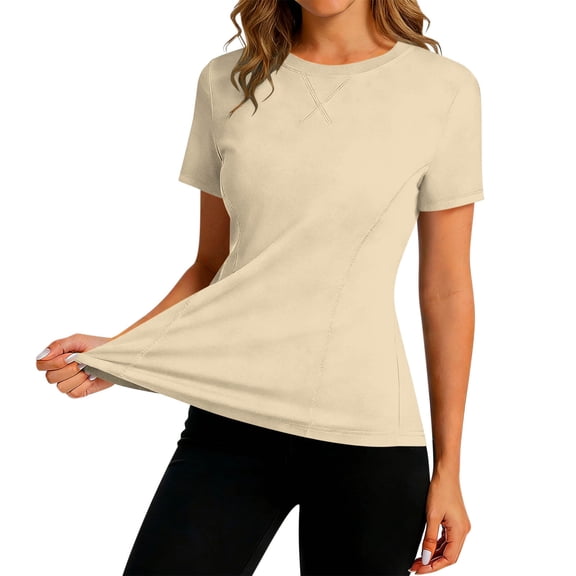 Hurxie Women's Short Sleeve Workout Tops Quick Dry Athletic UPF50 Sun Protection Shirts Gym Hiking Running Yoga Clothes Khaki,2XL