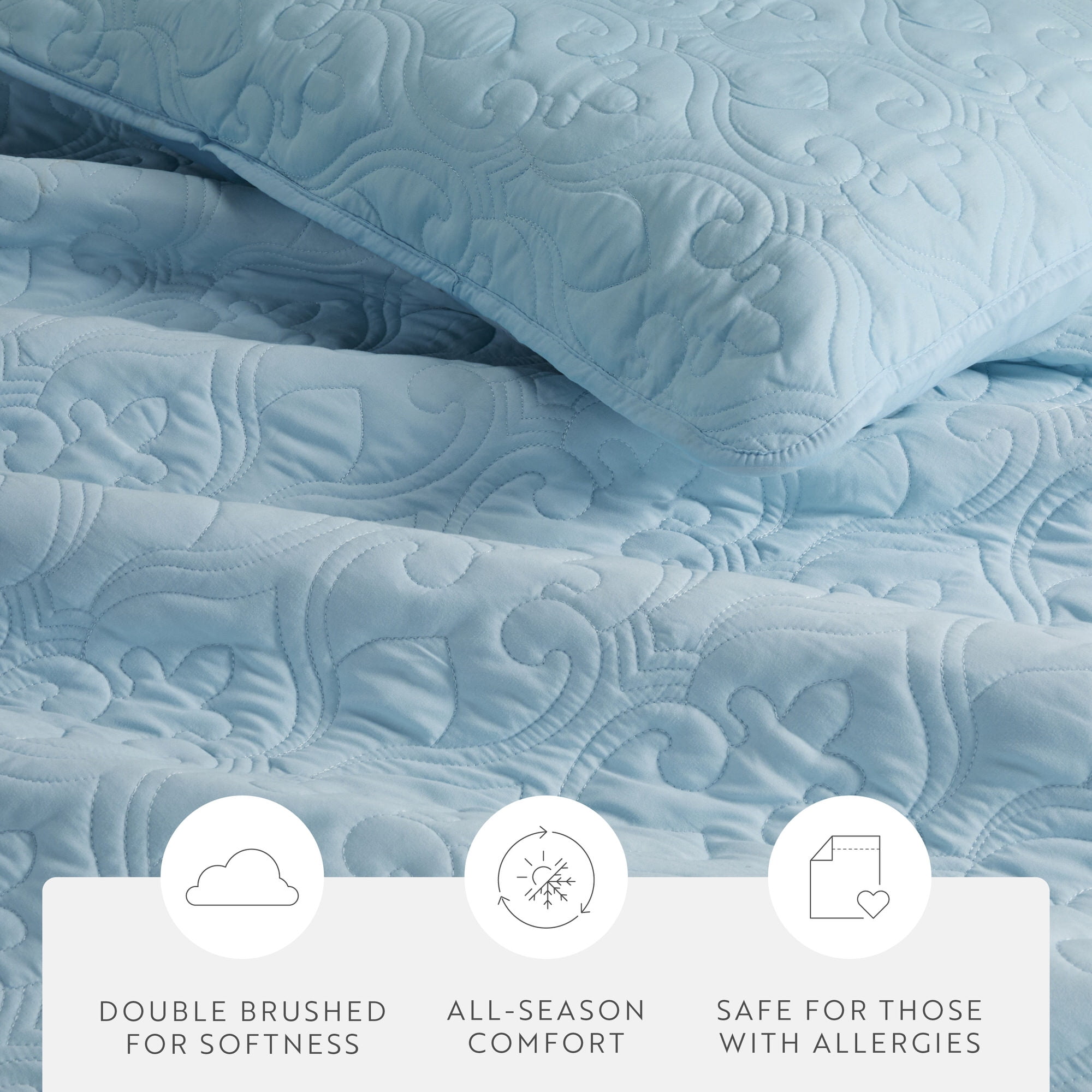 Noble Linens Pale Blue Damask Pattern Quilted Coverlet Set, King / CalKing