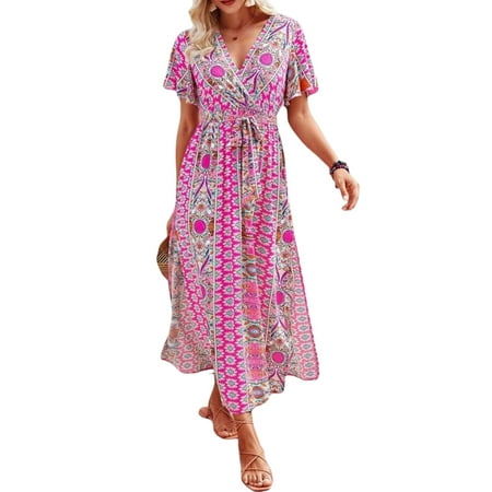 

Qiylii Women s Short Sleeve Boho Long Dresses Bohemian Style Pattern Printed V-Neck Tie-Up High Split Dress Casual One-Piece Clothes