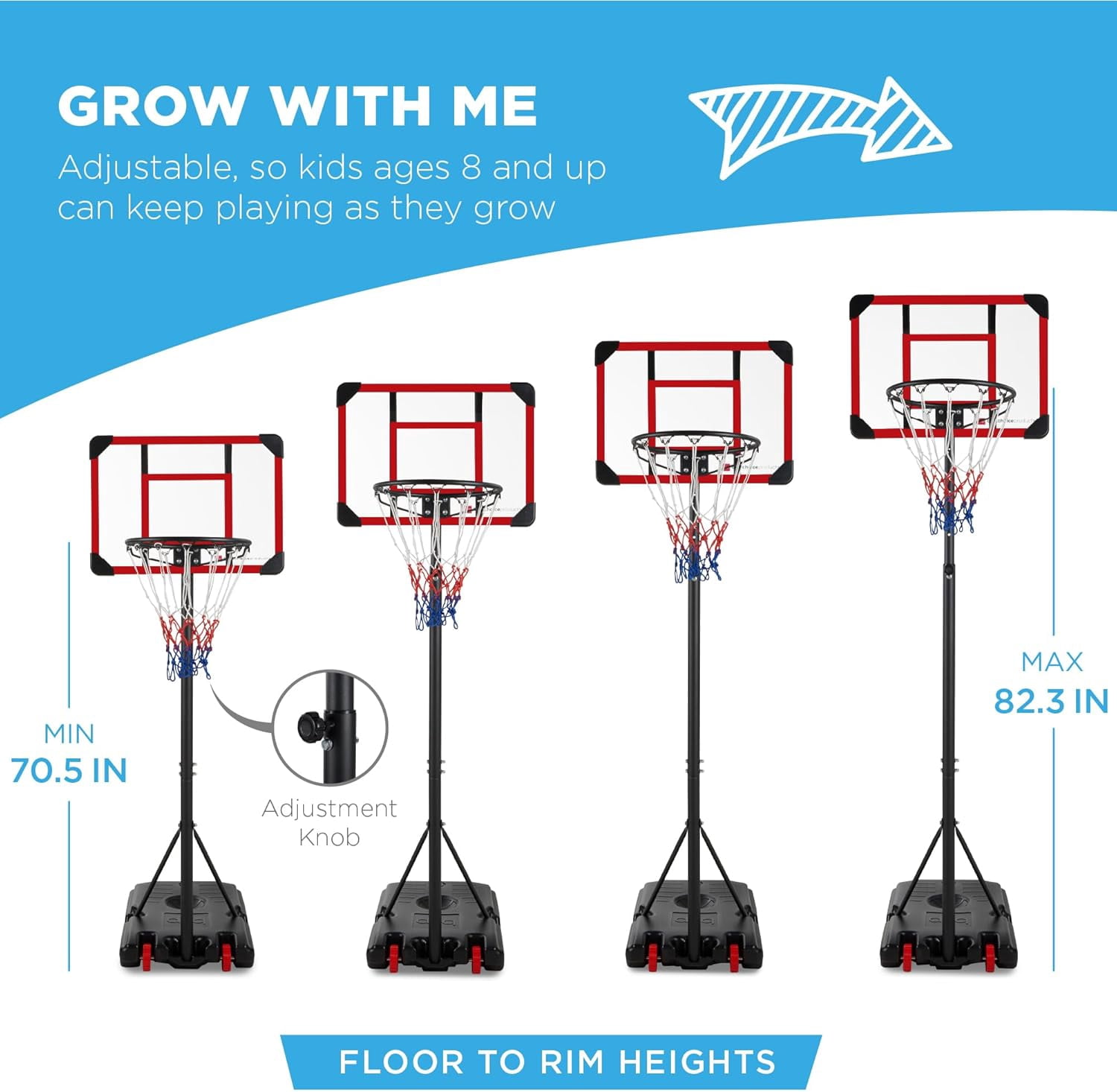 JIANYI Kids Height-Adjustable Basketball Hoop System, Portable Game w/Wheels, Fillable Base, 70.5in to 82.3in Height
