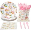 144 Piece Donut Grow Up Party Supplies - Sprinkle Plates, Napkins And Cups Set
