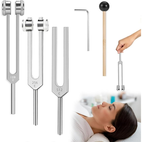 Professional Tuning Forks Set for Sound Therapy, Yoga and Meditation, Includes Weighted & Unweighted Forks (128Hz, 256Hz, 512Hz) and a Massage Hammer