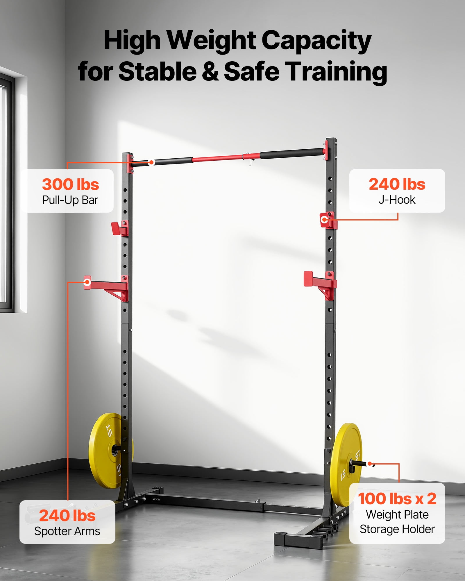 VEVOR Power Cage Rack, Multifunctional Squat Rack for Home Gym, Width-Adjustable Workout Strength Training Equipment with 6 Band Pegs, Landmine Attachment & Safety Bars for Bench Press Squats Pull-Up