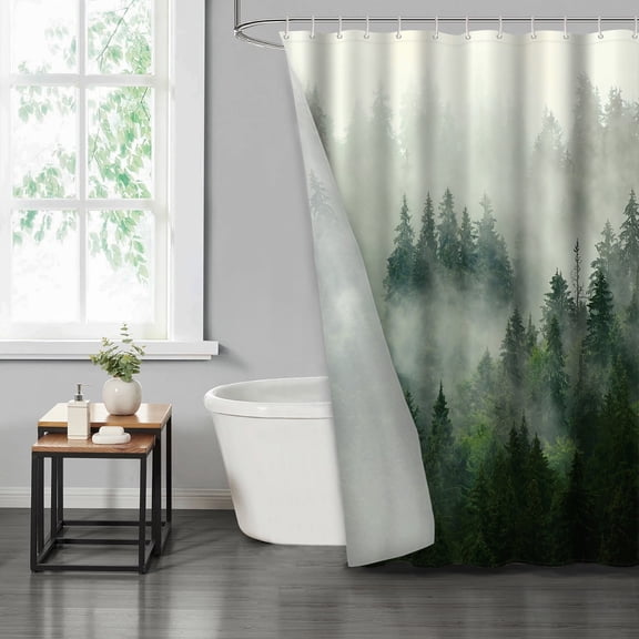 LVRLVR Misty Forest Fabric Shower Curtain - Plant Modern Bathroom Decoration, Green, 70.8" x 70.8"