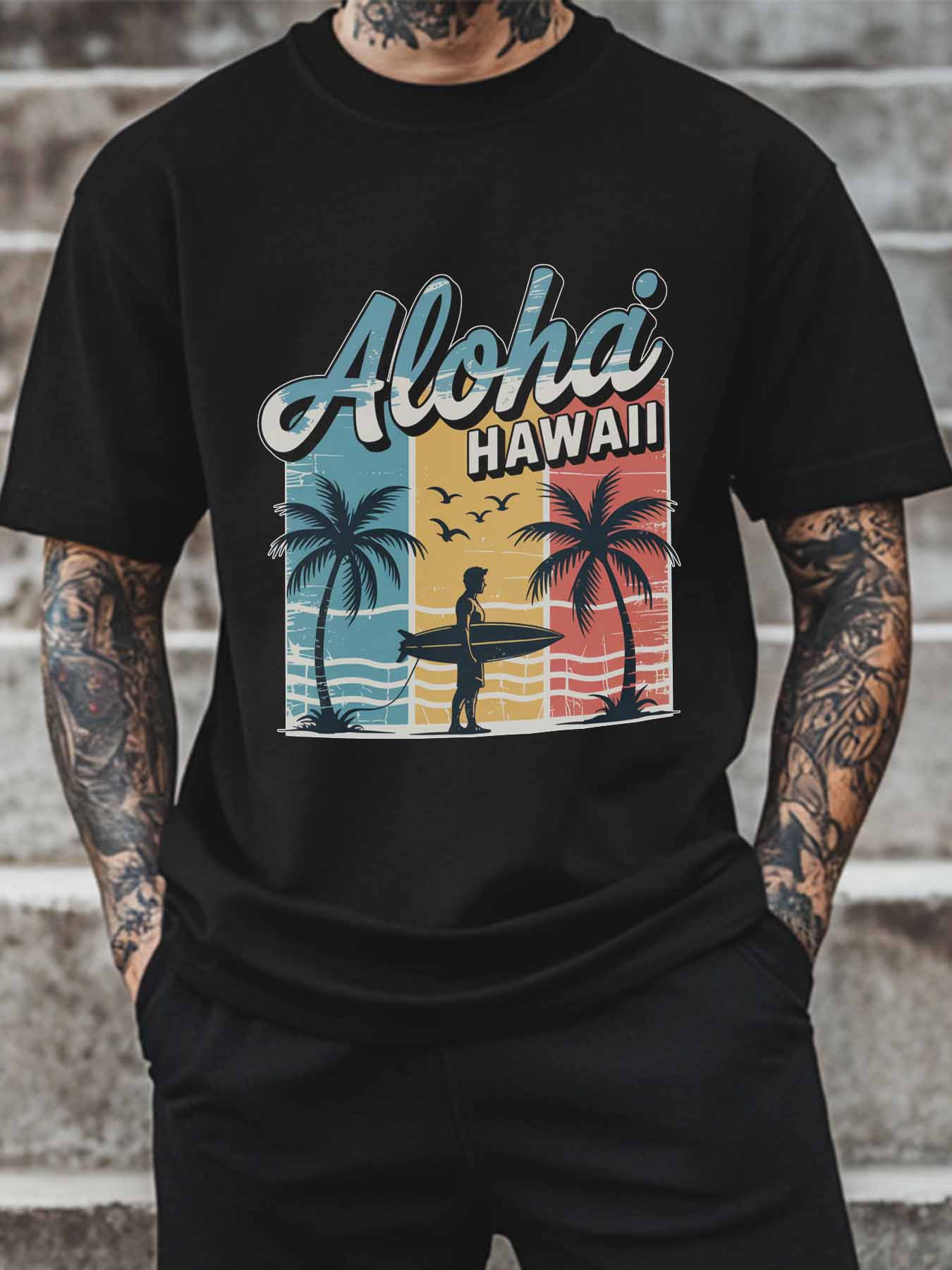 Men's T-Shirt Aloha Hawaii Retro Beach Surfing Vacation Short Sleeve Casual Tee Classic Crew Neck T-Shirt for Men, Black M