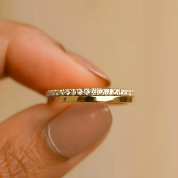 Round Moissanite Diamond Wedding Band Women 14K Gold Plated 3MM Wide Plain Band One Side Pave Set Diamond Ring Half Eternity Stacking Ring for her