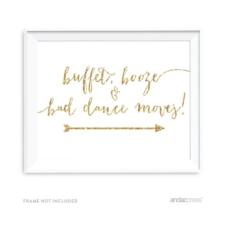 Buffet, Booze, Bad Dance Moves Gold Faux Glitter Wedding Party Directional Signs,