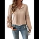 thumbnail image 3 of Blusa Informal Plisada de Larga con Cuello en V y Mangas Abullonadas para Mujer, Estilo Túnica Holgada de Negocios. Caqui L, 3 of 10