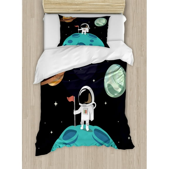 Space Twin Size Duvet Cover Set, Planets Earth Mercury Galaxy Neptune Pluto Jupiter Amazing Adventure Futuristic Print, Decorative 2 Piece Bedding Set with 1 Pillow Sham, Multicolor, by Ambesonne
